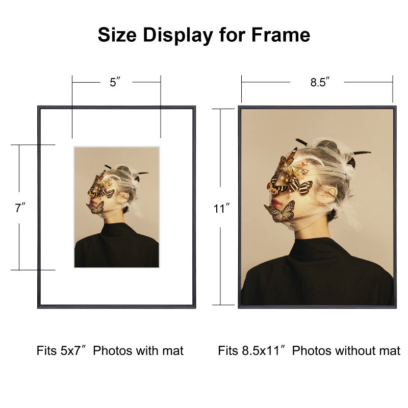 Fkvat 8.5x11 Picture Frame Set of 3, Matte Black Modern Thin Aluminum Metal Photo Frame with HD Glass, Fits 5x7 with Mat or 8.5 x 11 without Mat, for Tabletop and Wall Mounting - Image 2